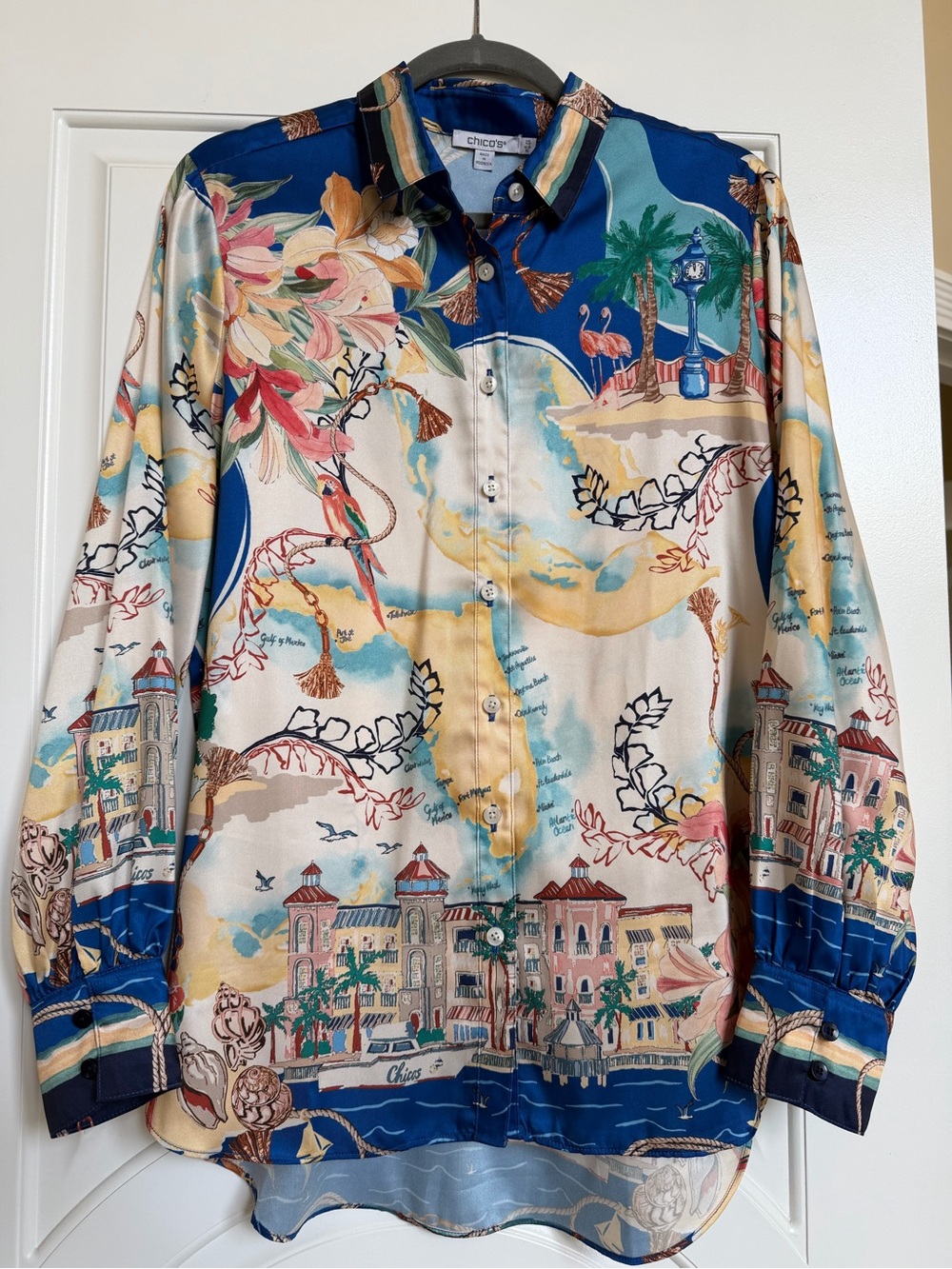 Chico's women’s Blue Multi Tropical Print Button-Up Shirt